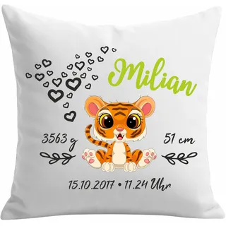Kissen 40x40 personalisiert mit Motiv Tiger und den Geburtsdaten deines Kindes - 40 cm x 40 cm
