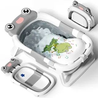 COOSEYA Baby Badewanne, Faltbare Babywanne mit Babybadewanne Stützkissen, Portable Baby Bathtub als Wesentliche Artikel für Neugeborene und Kleinkind, Frosch - Design (Grau)