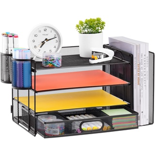 Schreibtisch Organizer, 4-Tier Schreibtisch Datei Organizer mit Schublade und 2-Stift Halter, Multifunktionspapier Tray Organizer, Schreibtisch Organizer und Zubehör für Home Office Zubehör, Schwarz