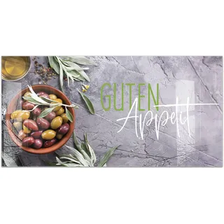 timalo Küchenbild aus Acrylglas modernes Wandbild Glasbild Deko Küche XXL Acryl-Bild wie Glas | 100x50cm Guten Appetit – Mediterrane Oliven & Kräuter auf Steinoptik