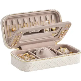 SONGMICS HOME Reise-Schmuckkoffer, Schmuck-Organizer-Box mit Spiegel, Schmuckbeutel, gewebtes geprägtes PU-Leder, tragbare Schmuckaufbewahrung, Weihnachtsgeschenke, Wolkenweiß UJBC197W01