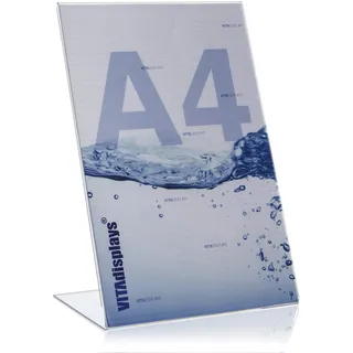 VITAdisplays DIN A4 Tischaufsteller, Werbeaufsteller, glasklarer L-Ständer, L-Aufsteller im Hochformat, transparenter Infoständer, original PLEXIGLAS (UV-stabil) mit polierten Kanten - Made in Germany (5 Stück)