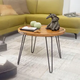FineBuy Couchtisch Sheesham rund Ø 60 cm – Wohnzimmertisch aus Massivholz mit Metallbeinen im Retro Design – Handgefertigter Holztisch 45 cm hoch - Braun
