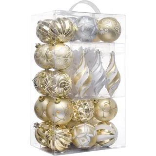 Valery Madelyn Weihnachtskugel-Ornamente, 40 Karat, elegant, Weiß und Gold, bruchsicher, Sortiert, Weihnachtsbaumschmuck, Vorteilspack für Weihnachtsdekoration