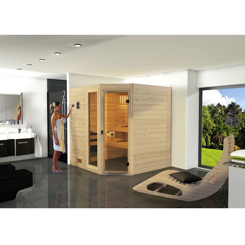 Bild von Sauna »L_ars Trend Eck 2«, 9 kW Ofen mit int. Steuerung, beige