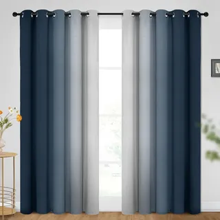 SimpleHome Ombré-Verdunkelungsvorhänge, Farbverlauf Marineblau zu Grau-Weiß, lichtblockierend, wärmeisolierend, Ösen, für Schlaf- und Wohnzimmer, 2 Bahnen, ca. 155 cm x 245 cm Länge
