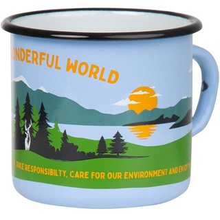 MUGSY Wonderful World | Emaille Tasse hellblau | im Outdoor Design | Emaille Becher robust und leicht für Camping und Wandern | Retro Kaffebecher 330 ml