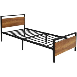 ML-Design Metallbett 90x200 cm mit Lattenrost, Bettgestell mit Holz-Kopf- und Fußteil, Schwarz-Braun, aus Stahl - Schwarz