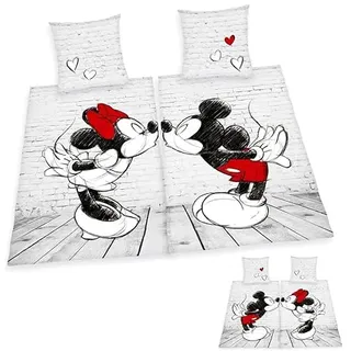 Disney Partnerbettwäsche Mickey & Minnie In Love 2X 80x80 + 135x200 cm, 100% Baumwolle/Doppelpack