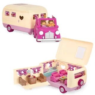 Li'l Woodzeez - Happy Camper - Spielset mit Tierfiguren - Spielzeugauto & Wohnmobil - Spielset für Kinder - Puppenhausmöbel - 3 Jahre +