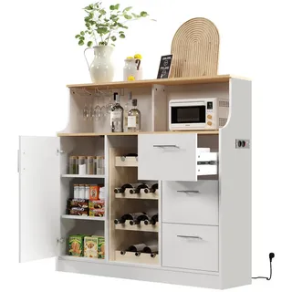 Modfu Sideboard aus MDF 120x40x121 cm Weiß/Natur mit LED-Beleuchtung, Steckdose, Weinregal und Gläserhalter , Holzwerkstoff , 120x121x40 cm , Kleinmöbel, Kommoden, Sideboards