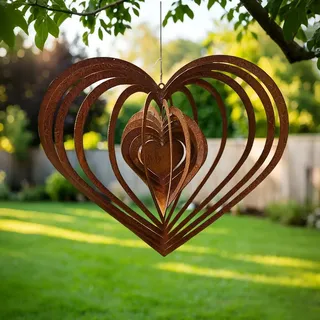 WRQIOO Windspiel Garten Herzen, Windspiele für Draußen Hängend, Edelrost Wind-Spiel, Hängende Rost Deko Herz, Groß 30 x 26 cm, Spirale Metall Herzform Garten Deko für Gar-Ten & Balkon