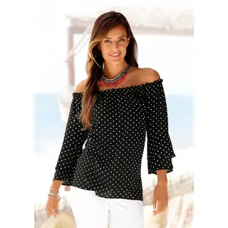 Carmenbluse LASCANA, Damen, Gr. 36, schwarz-weiß (schwarz, weiß, gepunktet), Web, Obermaterial: 100% Viskose, gepunktet, figurumspielend hüftlang, Carmenausschnitt, Volant, Blusen Carmenbluse, mit Pünktchendruck, Damenbluse, schulterfrei, casual