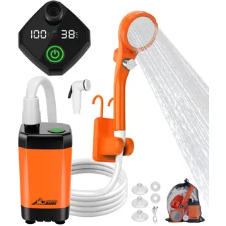 WADEO Tragbare Campingdusche Akku mit Pumpe, Camping Dusche mit Typ-C-Aufladung 6000-mAh-Akku, Mobile Duschen Außenduschen mit Duschkopf, für Camping Reisen Garten Wandern Autowaschen (Orange)