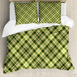 ABAKUHAUS Grün und Brown Bettbezug, Diagonal Tartan, Milbensicher Allergiker geeignet mit Kissenbezügen, 200 cm x 200 cm - 80 x 80 cm, Farn-Grün Brown