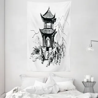 ABAKUHAUS Antikes China Wandteppich und Tagesdecke, Sketch Pavilion aus Weiches Mikrofaser Stoff Waschbar ohne Verblassen Digitaldruck, 140 x 230 cm, Weiß Schwarz