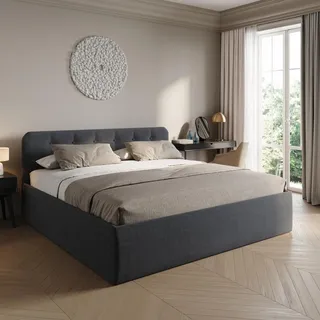 Home Collective Polsterbett 200x200 cm Doppelbett Bett mit verstellbarem Lattenrost & Bettkasten, Matratze Federkern H2, gepolstertes Kopfteil, Germany | Anthrazit - Dunkelgrau