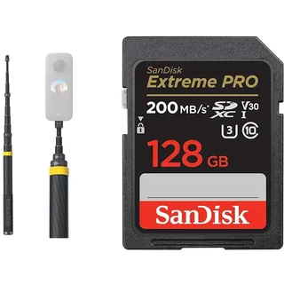 Insta360 Selfie-Stick für X3 & SanDisk Extreme PRO SDXC UHS-I Speicherkarte 128 GB (V30, Übertragungsgeschwindigkeit 200 MB/s, U3, 4K UHD Videos, SanDisk QuickFlow-Technologie, temperaturbeständig)