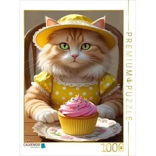 Calvendo Puzzle Süße Katze mit Cupcake im Vintage-Kleid – lustiges Katzenbild für die Küche | 1000 Teile Lege-Größe 64x48cm Foto-Puzzle für glückliche Stunden