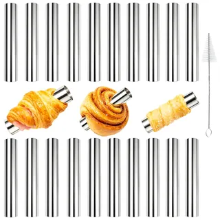 BMZXCH 20 Stück Schaumrollenformen Klein Groß Cannoli Formen Schillerlocken | Edelstahl Croissant Gerade Cannoli Röhrchen Backform Hörnchen Antihaft Schaumrollenformen mit Reinigungsbürste für Croissant