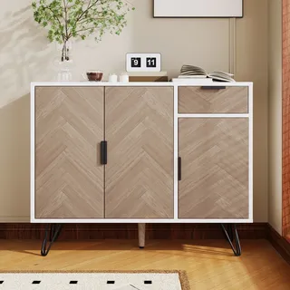 Flieks Sideboard, Aufbewahrungsschrank mit Schublade, Kommode für Esszimmer Wohnzimmer Flur, Schrank in Holzoptik, Weiß Holzfarbe - Weiß