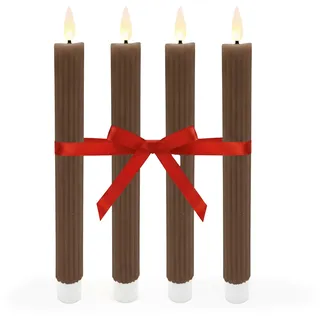 Relaxdays LED Stabkerzen, 4er Set, HxD: 25 x 2 cm, flackernde Flamme, Echtwachs, Rillen, flammenlose Kerzen, Coffee