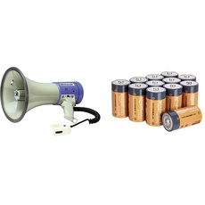 MONACOR TM-27 Megafon mit Lautstärkeregler und Sprech-Feststelltaste, leistungsstarke Flüstertüte mit 119-dB Schalldruck & Amazon Basics Batterien Alkali, Typ C, 12 Stück