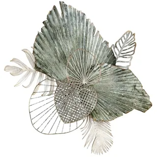 Gilde Deko Wandrelief Wanddekoration - 3D Blätter aus Metall - Bild Dekoration Wohnzimmer - Farben: Grün Creme Grau Gold - 65 x 75 cm