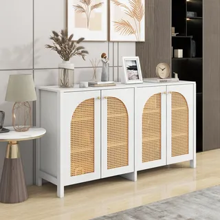 MODFU Kommode Sideboard mit 4 Rattantür, Schrank Buffet mit Metallgriff,Beistellschrank für Wohnzimmer, Buffetschrank 145×80×40cm,Weiß - Weiß