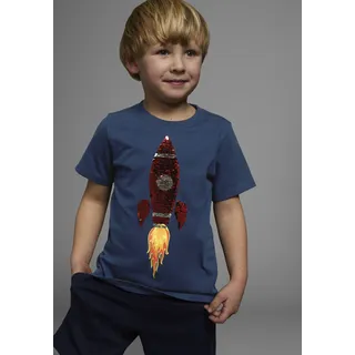 T-Shirt KIDSWORLD "Mit Rakete aus Wendepailletten", Jungen, Gr. 116/122, blau (marine), Single Jersey, Obermaterial: 100% Baumwolle, bedruckt, Basic, Rundhals, Shirts T-Shirt, Kurzarm, Basic-Passform, bedruckt, Rundhalsausschnitt, Topseller