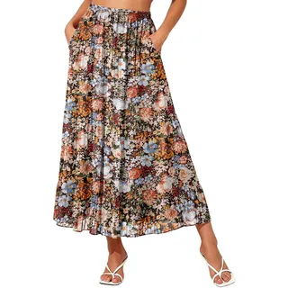 NASHALYLY Langer Faltenrock für Damen, lässiger Sommerrock aus Chiffon, Retro, lang, Maxirock