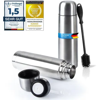 Edelstahl Thermosflasche mit Becher & Bürste; Thermoskanne Doppelwandige Isolierkanne; Auslaufsicher, Spülmaschinenfest & BPA-frei + Reinigungsbürste; hält Getränke heiß & kalt (Silber - 1000 ml)