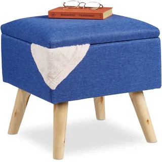 Relaxdays Hocker mit Stauraum, Kunstleinen-Bezug, gepolstert, Holzbeine, Fußhocker mit Deckel, HBT 40x40x40 cm, blau, 10029605_45