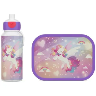 Mepal - Pausenset Campus - Set für Kinder mit Pop-up Trinkflasche & Lunch Box - Lunch-Set für die Schule oder unterwegs - Spülmaschinenfest - 400 + 750 ml - Unicorn Glow