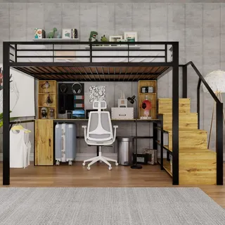 Hochbett aus Metall 140x200 cm Schwarz mit Schreibtisch Schrank Treppe USB – ohne Matratze - Schwarz