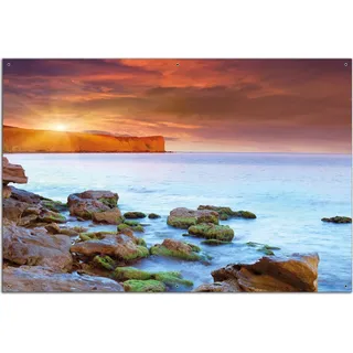 Wallario Outdoor-Poster für Garten oder Balkon, Motiv Sonnenaufgang am Meer mit Landzunge und Felsen im Wasser, in ca. 61 x 91,50 cm - Schwarz