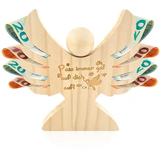 Lets Joy Holzengel mit Gravur zur Taufe, Geldgeschenk zur Taufe Kommunion, Pass Immer Gut auf Dich auf Holzengel, Holzengel Kommunion Taufdekoration, Konfirmations Deko Geschenke für Mädchen Junge