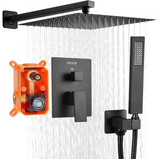 Vevor Duscharmatur Regenduschsystem fürs Badezimmer Duschsystem mit 305 mm quadratischen Regenduschkopf & Handbrause, wandmontierte Badezimmerarmaturen mit Messingventil & Zierset, Mattschwarz