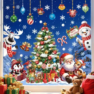 wondever Fensterbilder Weihnachtsbaum 3D Weihnachtsmann Weihnachtsdeko | Wiederverwendbar, Doppelseitig Statisch PVC Fensterdeko, Fensterfolie weihnachten selbstklebend für Winter Innen Dekoration