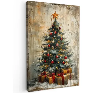 MuchoWow Leinwandbild Weihnachtsbaum - Vintage - Weihnachten - Geschenk Wanddeko Schlafzimmer 60x90 cm , Rostfarben , Textil , Kiefer , Abstrakt , Rechteckig , 60x90 cm , FSC 100% , gerahmt , Bilder & Rahmen, Bilder, Leinwandbilder