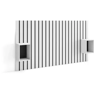 Skraut Home | Kopfteil, Nachttischen | Lamellenwand Holz | 196x107x3 cm | 120,135,140 cm Bett | Stauraum | Moderner Stil | Weiß