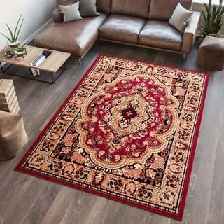 TAPISO Atlas Teppich Kurzflor Rot Beige Ornament Medaillon 180 x 250 cm | Wohnzimmer Klassisch Schlafzimmer Traditioneller Teppich für Wohnzimmer Esszimmer OEKO-TEX