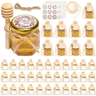 ComSaf 40 Pack 45ml Mini Glas Honiggläser für Honig, Marmeladengläser, kleine gläser mit deckel, Honigglas mit Honiglöffel für Gastgeschenke Mini Honigglas