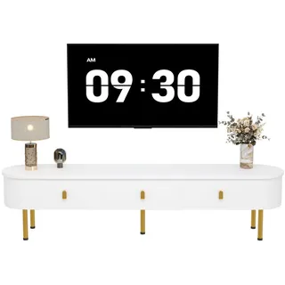 Okwish Tv-Schrank 174/35/41 cm weiß MDF mit goldenen Griffen und zylindrischen Beinen , Weiß , Holzwerkstoff , 174x41x35 cm , Wohnzimmer, TV Möbel, Lowboards, Lowboards stehend