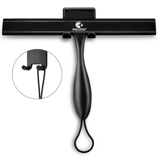 ROLIZOE Duschabzieher Silikon mit Halterung 27.9cm, Ergonomie Anti-Rost Silikon Abzieher Dusche mit Edelstahlrahmen für Duschtür, Spiegel und Fensterreinigung-Duschabzieher Schwarz