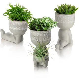 comforder – Blumentopf Set Beton, 3X Indoor & Outdoor Übertopf, Mini Blumentopf Gesicht und Füße für Balkon und Haus, ausgefallene Blumenübertöpfe Kopf für Sukkulenten, Kakteen, Setzlinge (Ø 6cm)