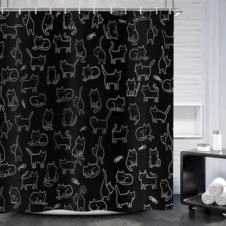 ASDCXZ Lustig Katze Duschvorhang 180x200 cm, Niedlich Cartoon Haustier Weiß Kätzchen Kinder Tier Schwarz Wasserdicht Badvorhang Polyester Textil Waschbar Duschvorhänge für Badewanne mit 12 Haken