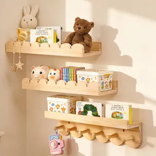 Nastopee 3er Set Wandregal Kinderzimmer, 42cm Bücherregal Kinder Wand, Hängeregal Schweberegal Kinderregal, Naturholz Farbe Montessori Regal, für Bücher Spielzeug ür Kinder