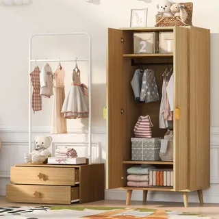 Merax Kleiderschrank und Garderobenständer, 2-türiger Kinderschrank, großer Stauraum, Kleiderstange, Cartoon-Griffe, erhöhte Füße, Garderobenset, Natur - Naturbelassen