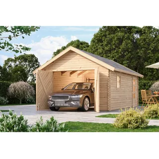 Karibu Blockbohlengarage 3,87 x 5,37 m braun mit Seitenwand und Pfostenanker